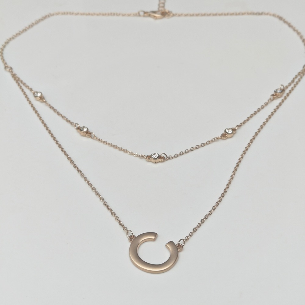 Gold Tone Double Layer Initial Letter C Necklace Crystal Rhinestone Accents